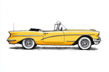 illustration of a yellow vintage convertible with an open top and classic details, isolated on white background