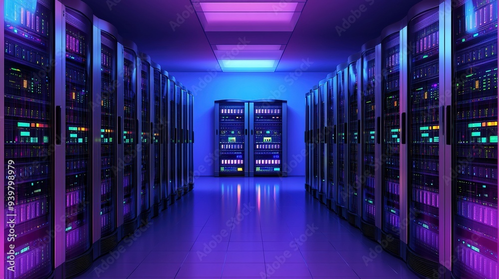 Poster a modern data center illuminated with vibrant colors showcasing rows of server racks in a high-tech 