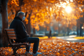 An elderly man rests in a park wearing a protective mask  n95 against the epidemic