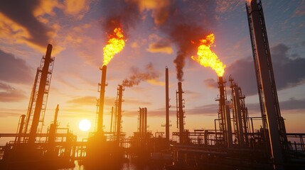 Obraz premium Sunset over an industrial refinery with flares illuminating the sky and creating a stunning color display at dusk