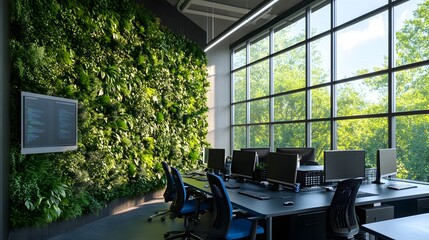 Fototapeta premium Living wall in an office, featuring lush greenery and various plants on the walls, providing natural light and creating a serene atmosphere for work
