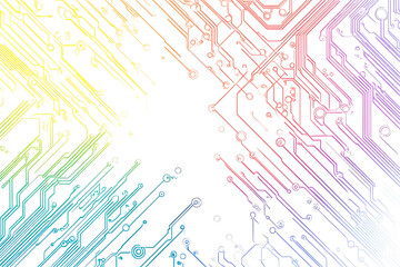 Bright abstract background featuring colorful circuit board lines and dots, symbolizing technology and digital connectivity.
