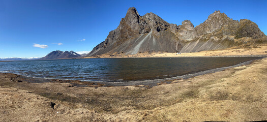 Panoramic view of rocky mountains in iceland