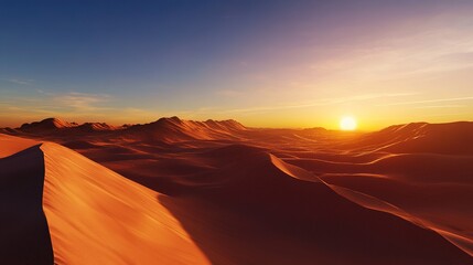 Golden sunrise over vast desert dunes with rolling hills and a clear blue sky at dawn