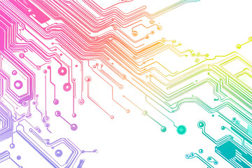 Bright abstract background featuring colorful circuit board lines and dots, symbolizing technology and digital connectivity.

