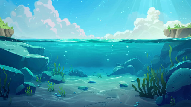 Empty Sea Underwater Scene Environment Cartoon Illustration Deep Blue Sea Ocean Floor No Marine Life Sunlight Filtering Through Water Submerged Rocks and Sand Tranquil Aquatic
