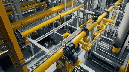 Pipes and machinery arranged in a large industrial facility, showcasing engineering design and functionality in a modern workspace