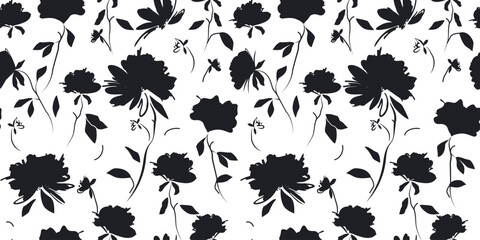 Hand drawn seamless collage of modern floral background. Botanical pattern of abstract flowers and leaves of black silhouettes and strokes. Print for wallpaper, summer fabric, bed linen, textiles