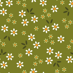 Simple doodle seamless template small daisies. White small flowers leaves dark olive background. Minimalist botanical background, vector illustration