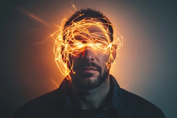 Portrait of a man with fiery neural patterns symbolizing intense focus creativity and the energy of thought in a dark dynamic environment