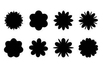 Set of round shapes for labels, tags, stickers. Icons in the shape of geometric graphic flowers or stars, with rays and wavy edges. Simple empty silhouette. Flat black backgrounds