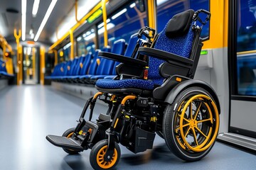 A powered wheelchair on a bus or train, showing the integration of mobility aids in public transit