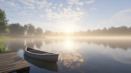 Serene morning at a tranquil lake with a wooden dock and a small boat gently floating as the sun rises over the misty water