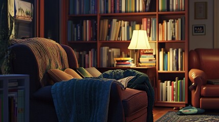 Fototapeta premium Cozy reading nook with warm lighting, comfortable chairs, and a well-stocked bookshelf in the evening
