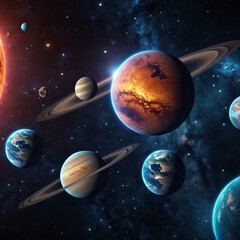 Planetary system with multiple planets, large brightly colored gas giant and a rocky planet. Bright stars and a vast expanse of dark space with a galaxy in background. Space spaces. Cosmonautics. AI