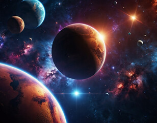 Obraz premium Planetary system with multiple planets, large brightly colored gas giant and a rocky planet. Bright stars and a vast expanse of dark space with a galaxy in background. Space spaces. Cosmonautics. AI