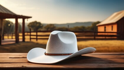 A white cowboy hat on the table and ranch in the background