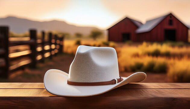 A white cowboy hat on the table and ranch in the background