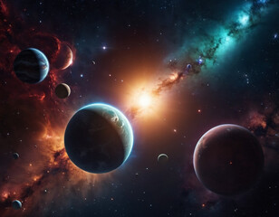 Planetary system with multiple planets, large brightly colored gas giant and a rocky planet. Bright stars and a vast expanse of dark space with a galaxy in background. Space spaces. Cosmonautics. AI