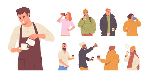 Professional barista preparing coffee and different people cartoon characters drinking hot drink set