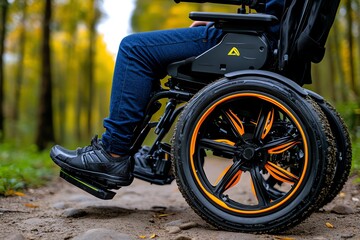 Obraz premium A powered wheelchair on a trail, with the user engaged in outdoor activities like birdwatching or photography
