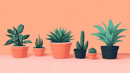 Fototapeta premium A Row of Plants in Terracotta Pots Against a Peach Wall, Digital Illustration, Houseplants, Interior Design, Plant Decor