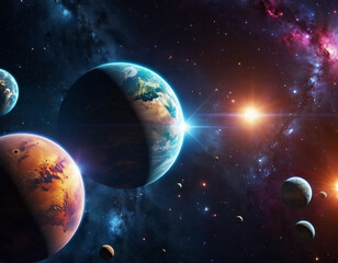 Naklejka premium Planetary system with multiple planets, large brightly colored gas giant and a rocky planet. Bright stars and a vast expanse of dark space with a galaxy in background. Space spaces. Cosmonautics. AI