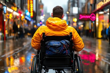 Obraz premium A powered wheelchair user enjoying a night out in the city, with vibrant lights and bustling streets