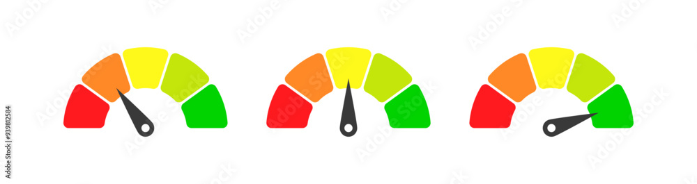 Aufkleber Speedometer icon, tachometer icon. Speed indicator icon set. Feedback Rating meter signs performance concept. Dashboard level scale icon. vector illustration