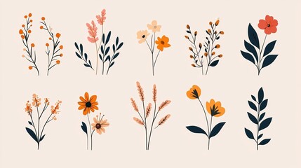 Floral Illustration with Orange and Pink Flowers, Simple Line Art, Hand-Drawn Style, Botanical Illustration, Flowers, Line Art, Botanical