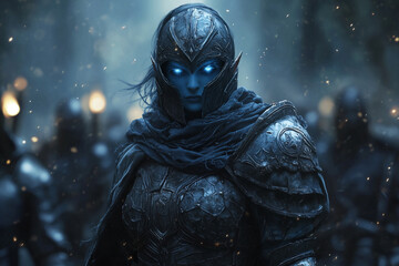 Fototapeta premium resolute drow warrior with glowing blue eyes and ornate armor leading troops through a misty forest