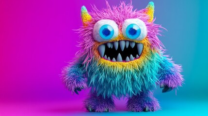 Naklejka premium Furry Rainbow Monster with Big Teeth in a Neon Glow, 3D Render, 3D Art, Character Design, Monster