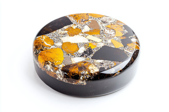 a detailed orgonite disk with intricate patterns and embedded metal shards, isolated on white background
