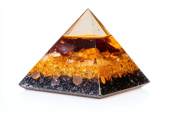an orgonite pyramid with multiple layers of metal and quartz, electromagnetics, relaxation, isolated on white background