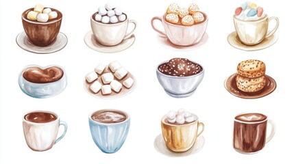 Hot cacao and marshmallows. White background. Watercolor illustrations set