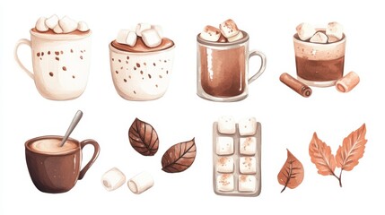 Hot cacao and marshmallows. White background. Watercolor illustrations set