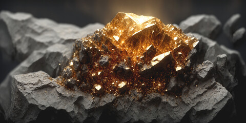 Photorealistic close-up of a gold vein exposed at a mining site, the vibrant golden metal standing out against the rough, dark rock surrounding it.