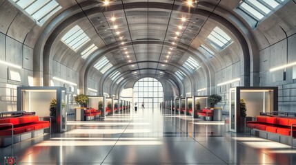 Obraz premium A transportation hub office with train station decor, ticket booths, and waiting areas.