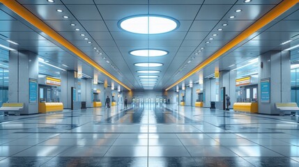 Obraz premium A transportation hub office with train station decor, ticket booths, and waiting areas.