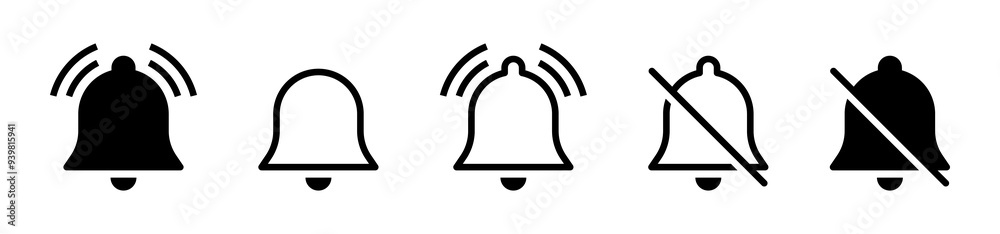 Poster notification bell icon set. alarm symbol. ringing bells reminder icon , silent mute icons. incoming 