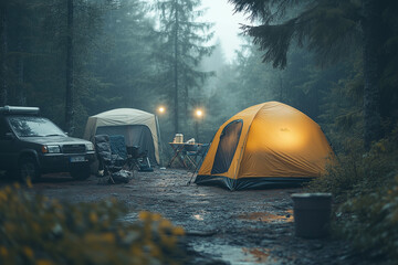 Yellow camp in the foggy, landscape view of camping with tent and car for recreation activety.