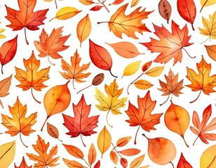 Watercolor seamless pattern of fall leaves in various shades of orange, red, and yellow.