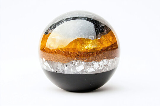 an orgonite sphere featuring a balanced mixture of metal and quartz, energy properties, isolated on white background 