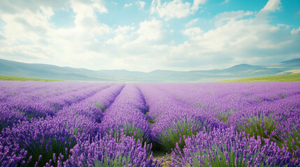 Fototapeta premium lavender field stretches across the bottom, with a wide open sky above and ample space for text