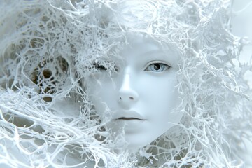 Womans face entangled in a web of glowing neural fibers symbolizing the complexity of human thought emotions and the intricate processes of the mind