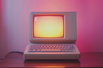 Classic computer with thick computer monitor screen in office, Retro computer on working desk in working space.