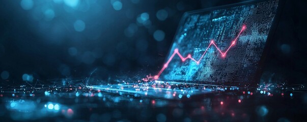 Futuristic laptop with rising digital graph in a glowing technological environment