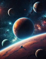 Planetary system with multiple planets, large brightly colored gas giant and a rocky planet. Bright stars and a vast expanse of dark space with a galaxy in background. Space spaces. Cosmonautics. AI