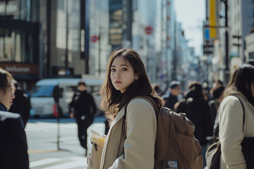 Selective focus woman among the crowd in japan city center, Portrait of asian woman in walking street in japan, Street food alley in japan with plenty of crowd.
