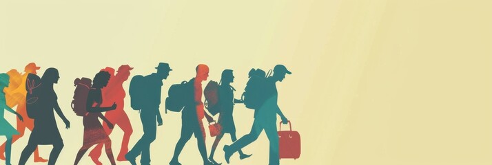 International Migrants Day. Silhouettes of migrants walking with bags on a light background. Horizontal banner. Copy space. Flat illustration. Problems of wars and poverty. Immigration concept